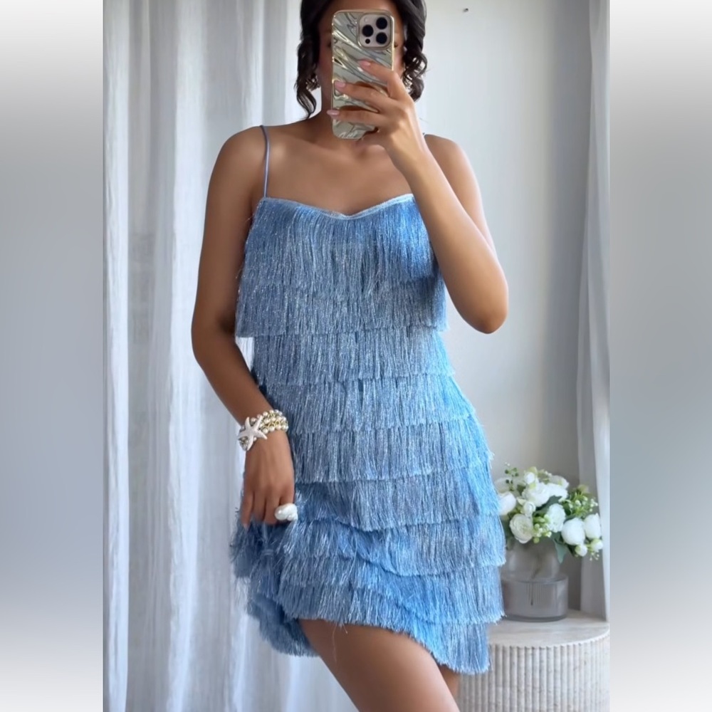 Zara Light Blue metallic Fringe Mini Dress - Picture 10 of 16